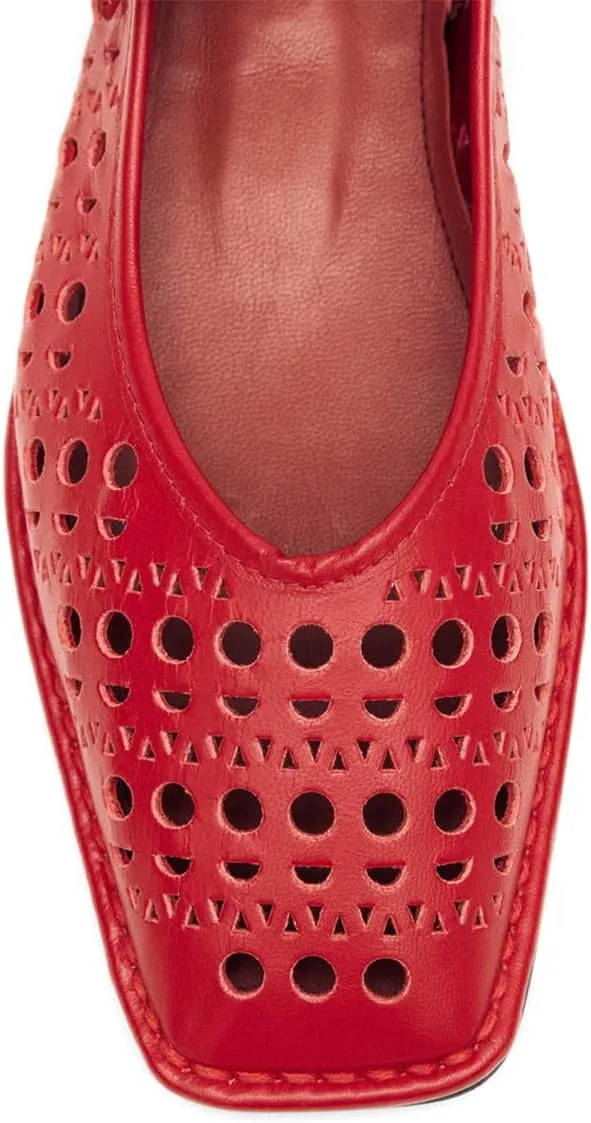 Ballet Flats Shoes for Women Mary Jane Flats Breathable Leather Square Toe Lace-Up Loafers Comfortable Slip-On Summer Shoes