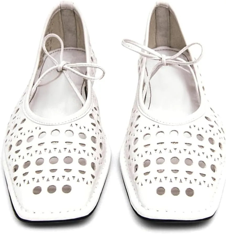 Ballet Flats Shoes for Women Mary Jane Flats Breathable Leather Square Toe Lace-Up Loafers Comfortable Slip-On Summer Shoes