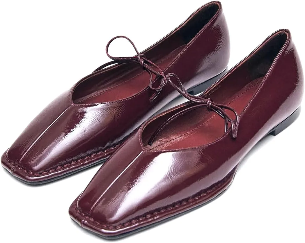 Ballet Flats Shoes for Women Mary Jane Flats Breathable Leather Square Toe Lace-Up Loafers Comfortable Slip-On Summer Shoes
