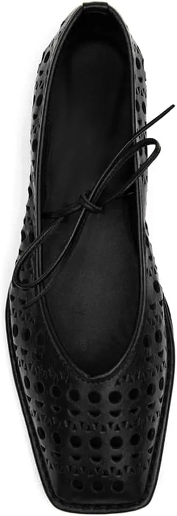 Ballet Flats Shoes for Women Mary Jane Flats Breathable Leather Square Toe Lace-Up Loafers Comfortable Slip-On Summer Shoes
