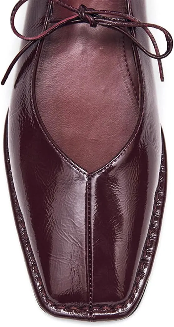 Ballet Flats Shoes for Women Mary Jane Flats Breathable Leather Square Toe Lace-Up Loafers Comfortable Slip-On Summer Shoes