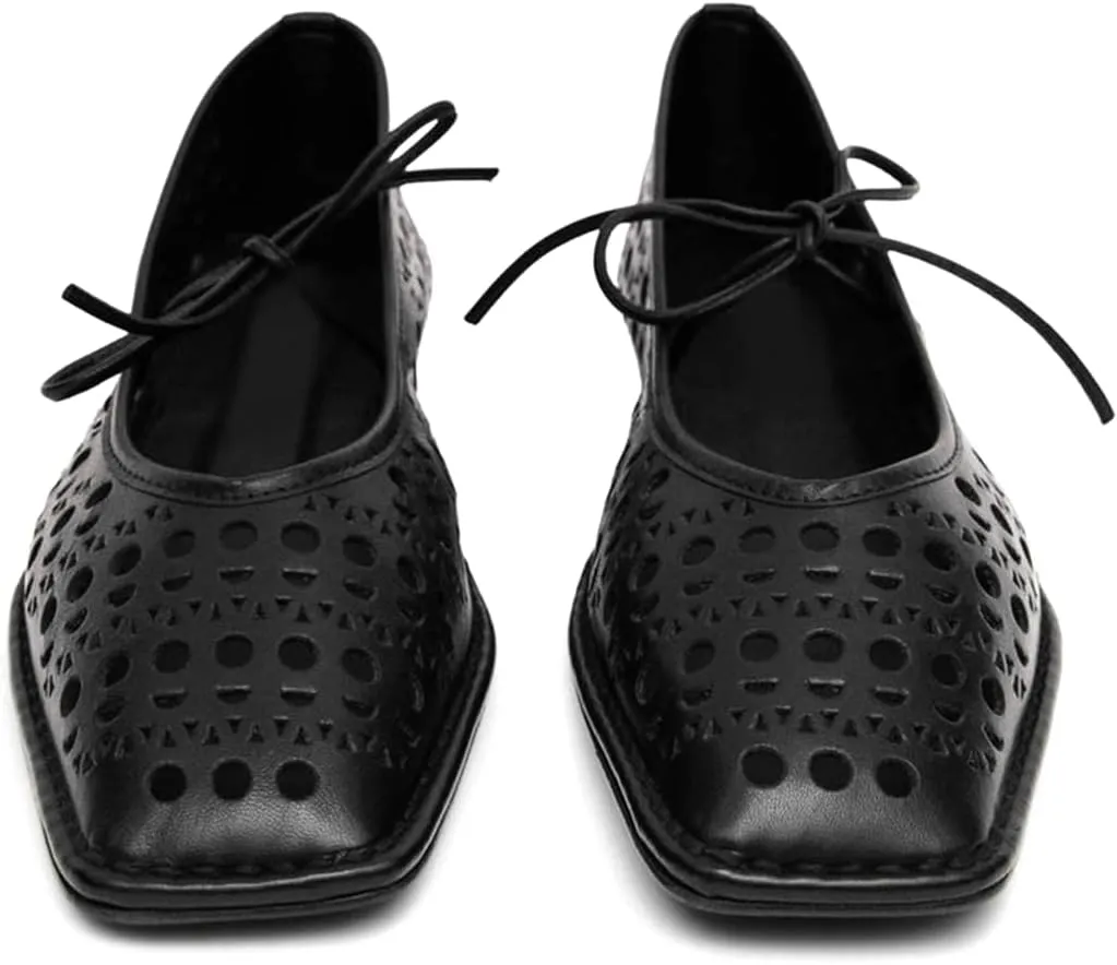 Ballet Flats Shoes for Women Mary Jane Flats Breathable Leather Square Toe Lace-Up Loafers Comfortable Slip-On Summer Shoes