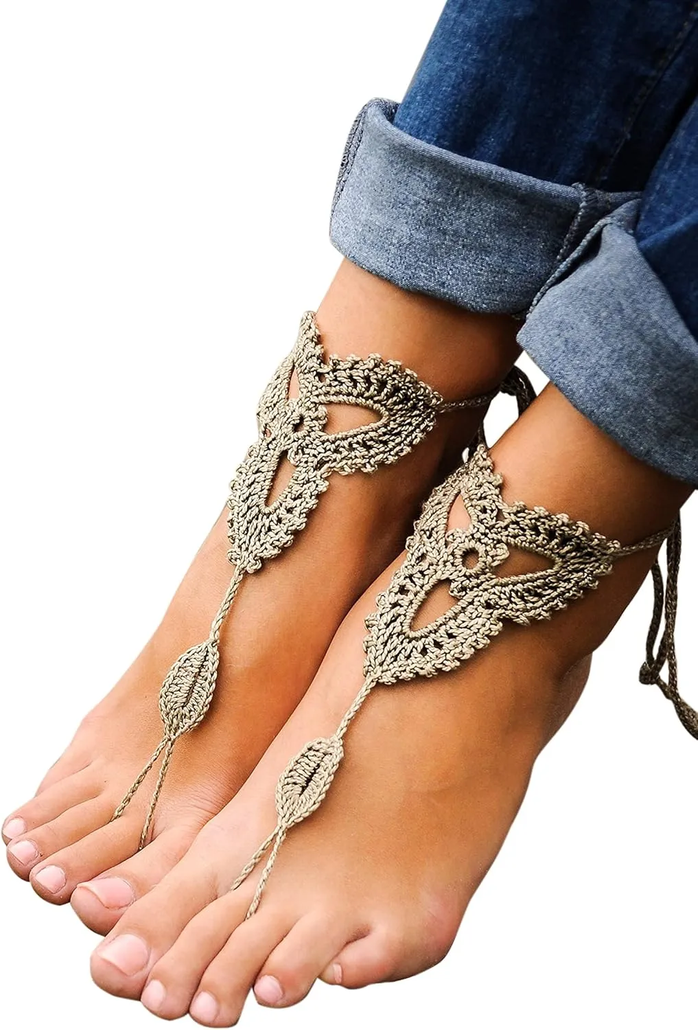 Barmine Lotus Crochet Tan Barefoot Sandals, Handmade one size fits all pack of 1 pair