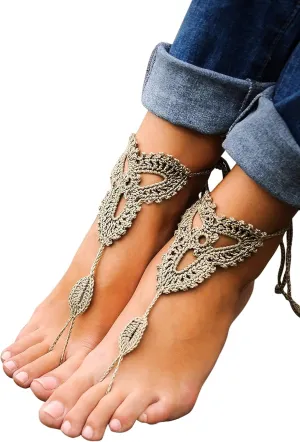 Barmine Lotus Crochet Tan Barefoot Sandals, Handmade one size fits all pack of 1 pair