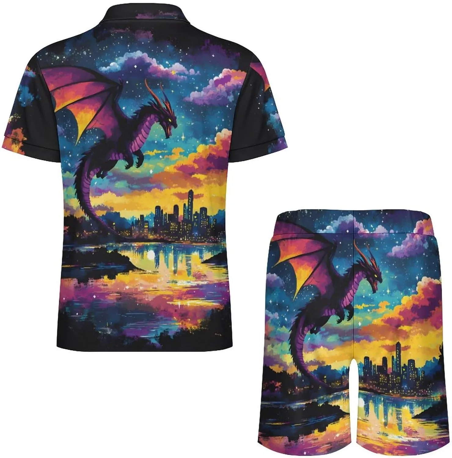 Black Dragon Flying Fantasy City Summer Polo Suits for Men 1/4 Zipped Golf Shirts And Shorts Sets Loungewear