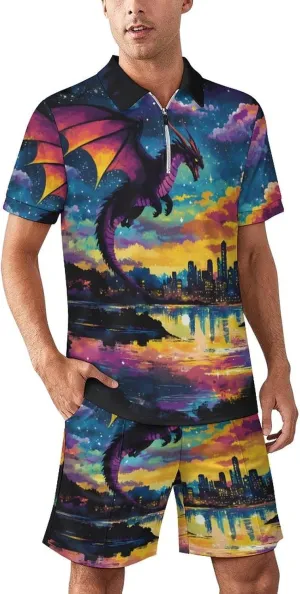 Black Dragon Flying Fantasy City Summer Polo Suits for Men 1/4 Zipped Golf Shirts And Shorts Sets Loungewear