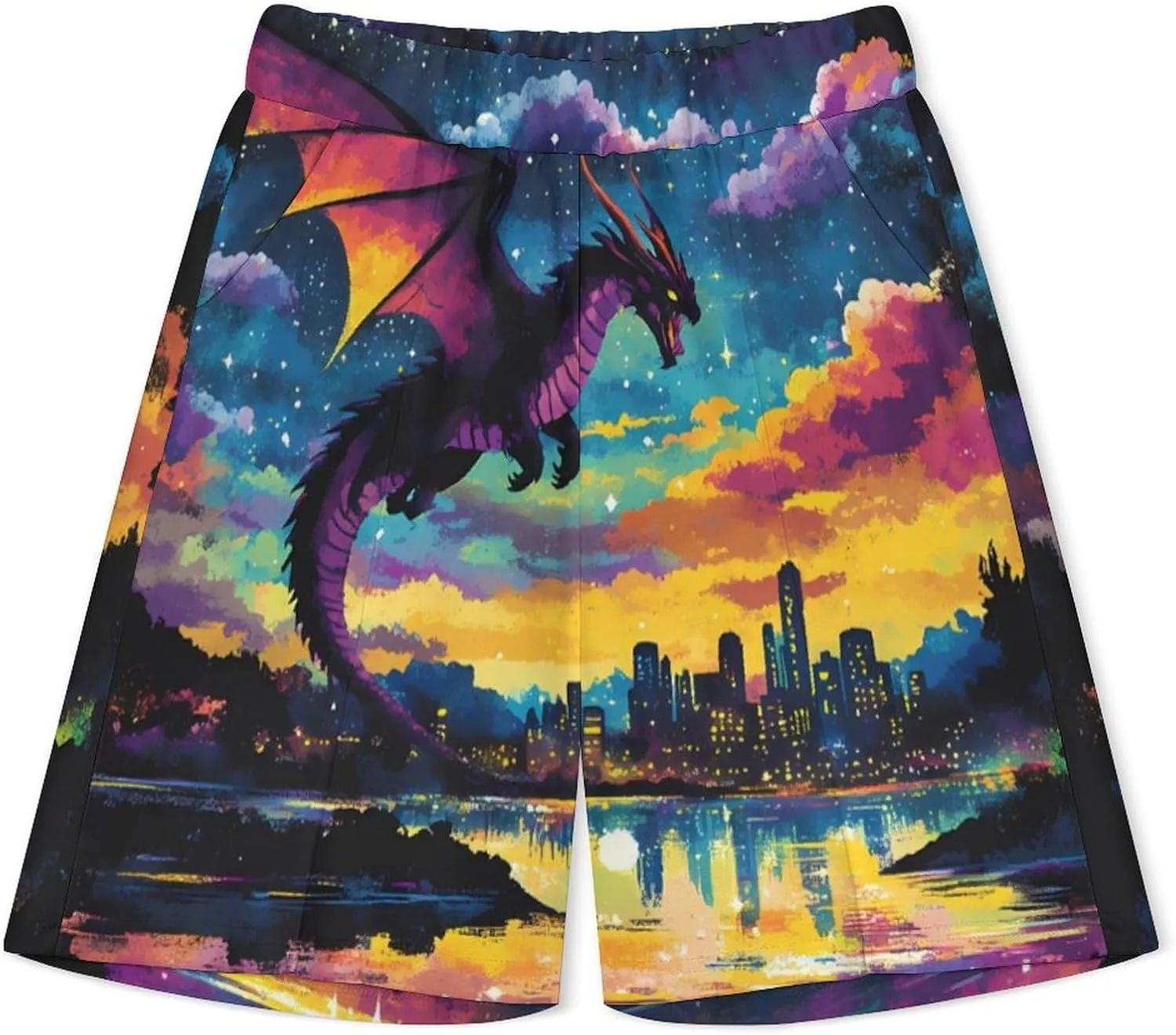 Black Dragon Flying Fantasy City Summer Polo Suits for Men 1/4 Zipped Golf Shirts And Shorts Sets Loungewear
