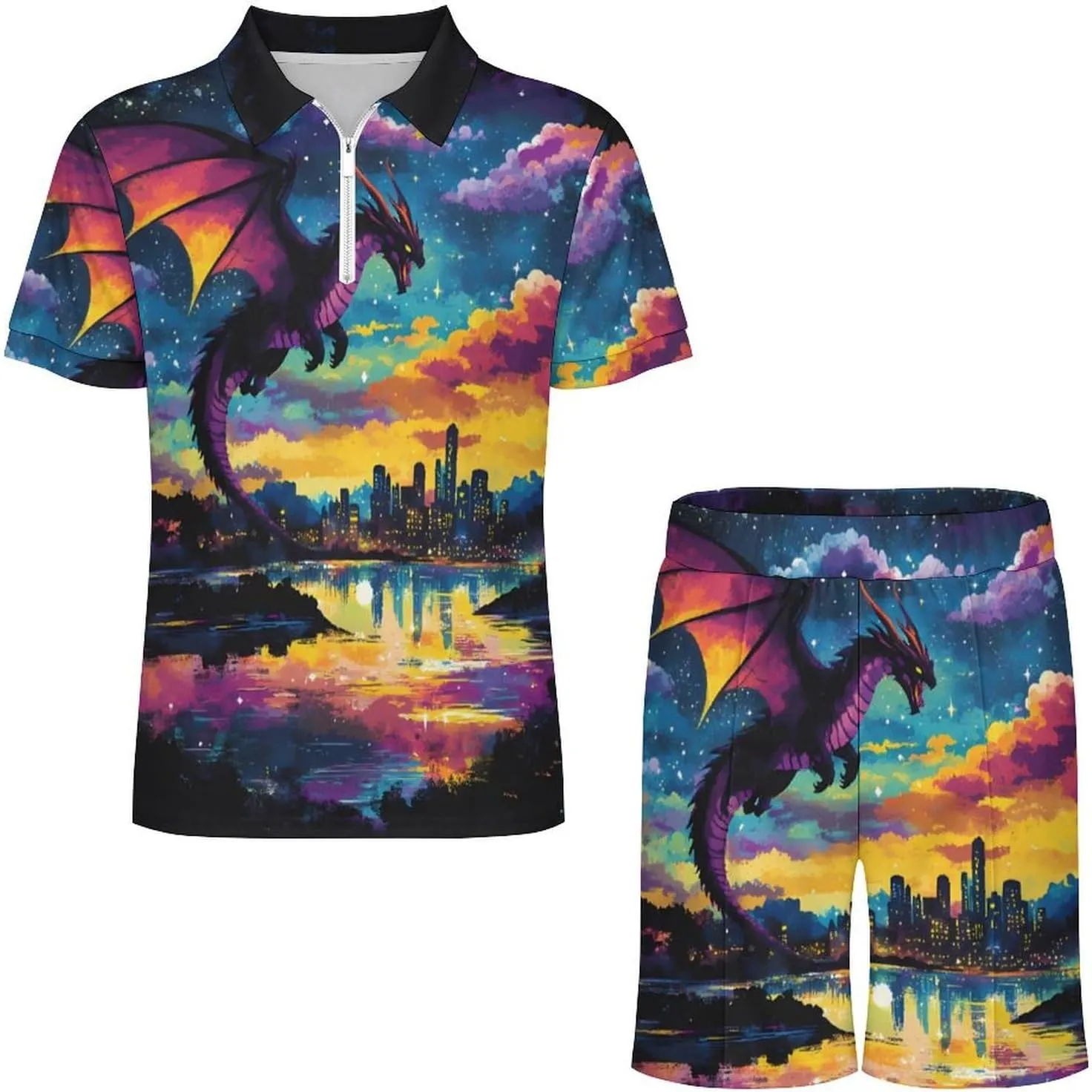 Black Dragon Flying Fantasy City Summer Polo Suits for Men 1/4 Zipped Golf Shirts And Shorts Sets Loungewear