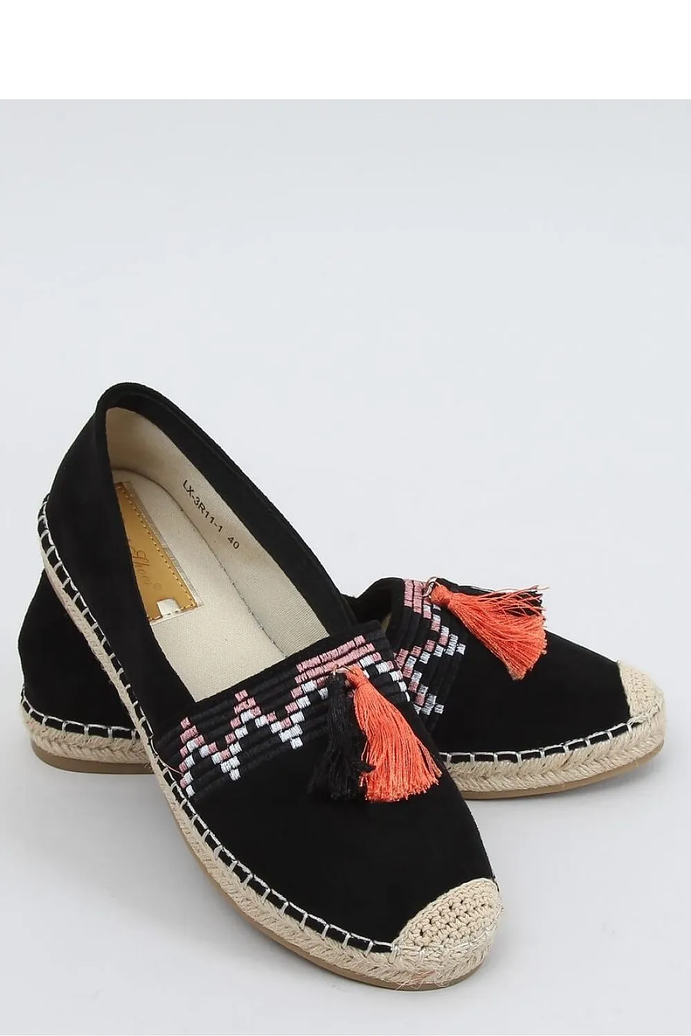 Black Embroidered Eco-Suede Espadrilles with Zigzag Trim and Fringe Tassels