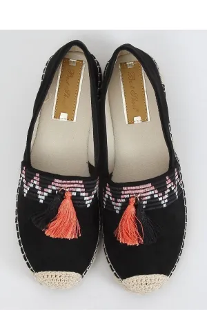 Black Embroidered Eco-Suede Espadrilles with Zigzag Trim and Fringe Tassels