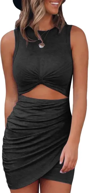 BTFBM Women 2025 Summer Sleeveless Casual Crewneck Bodycon Tank Dress Cutout Twist Slim Wrap Club Party Evening Dresses