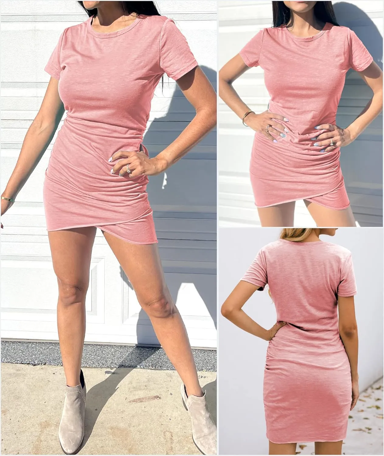 BTFBM Women's 2025 Summer Casual Beach Dresses Crew Neck Short Sleeve Wrap Party Club Mini Ruched Bodycon T Shirt Dress