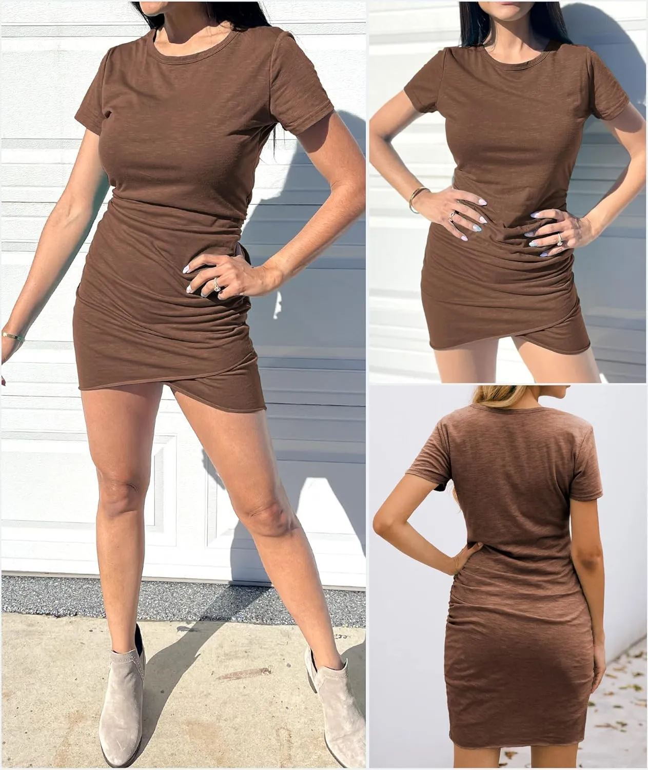 BTFBM Women's 2025 Summer Casual Beach Dresses Crew Neck Short Sleeve Wrap Party Club Mini Ruched Bodycon T Shirt Dress