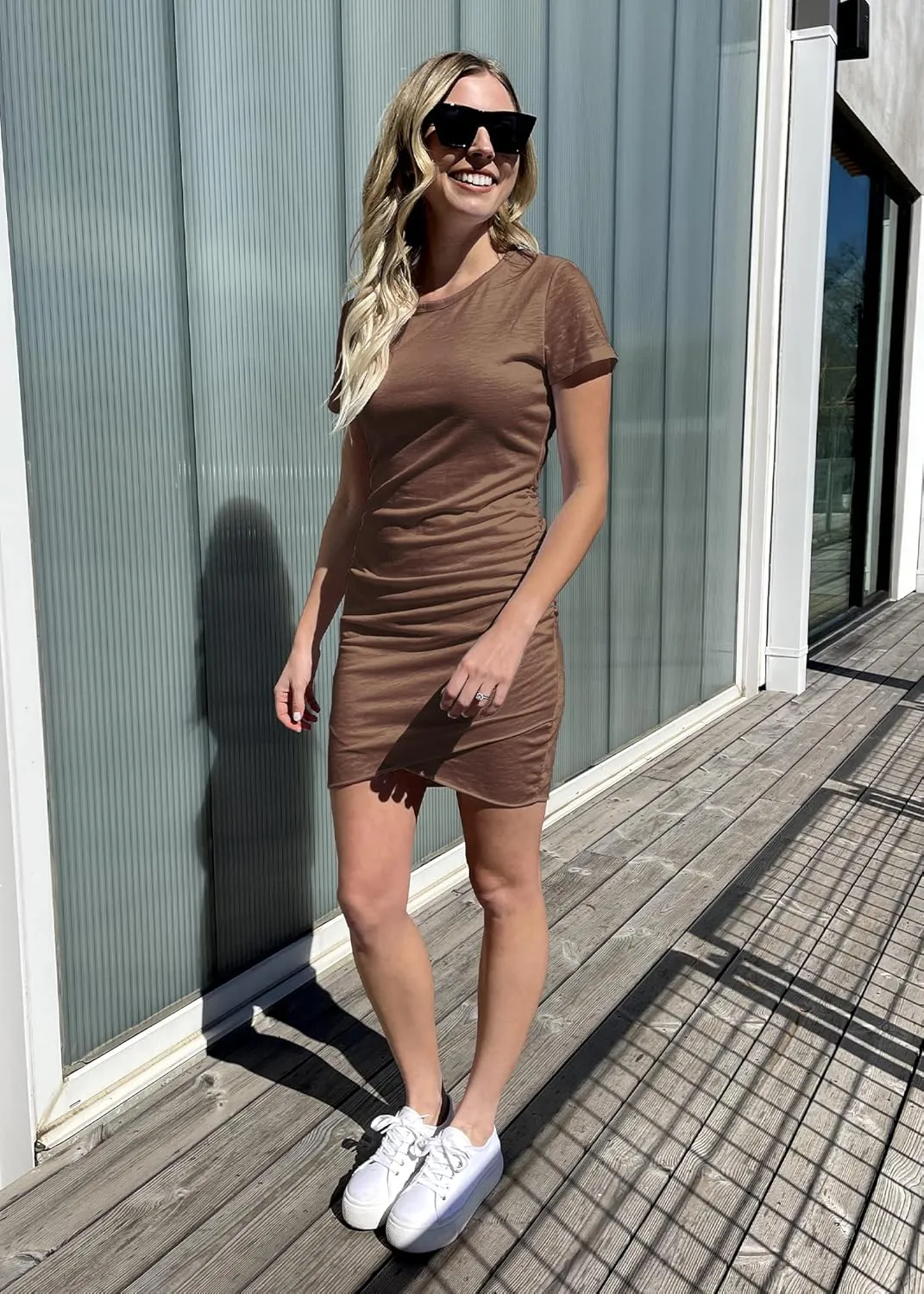 BTFBM Women's 2025 Summer Casual Beach Dresses Crew Neck Short Sleeve Wrap Party Club Mini Ruched Bodycon T Shirt Dress
