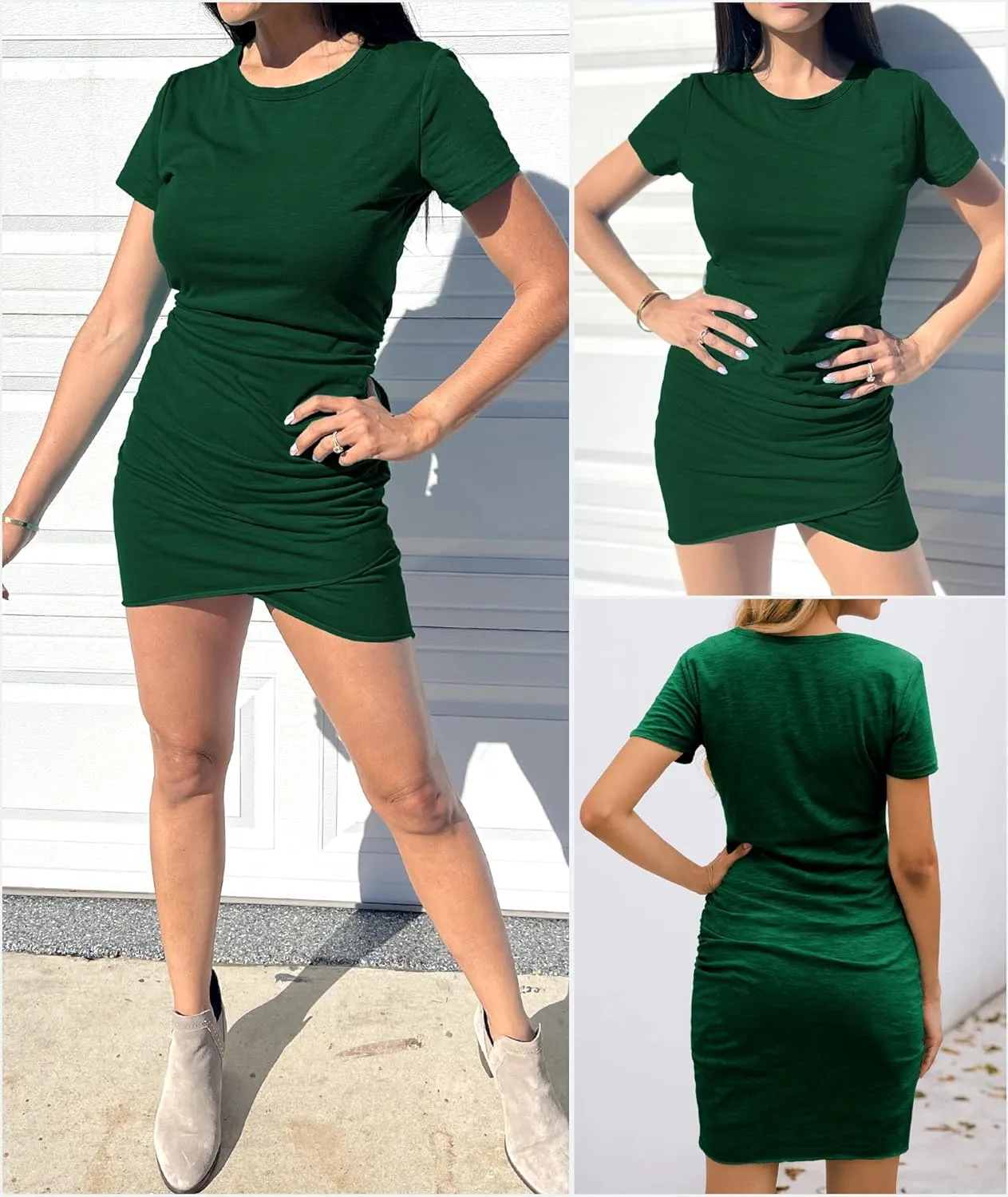BTFBM Women's 2025 Summer Casual Beach Dresses Crew Neck Short Sleeve Wrap Party Club Mini Ruched Bodycon T Shirt Dress