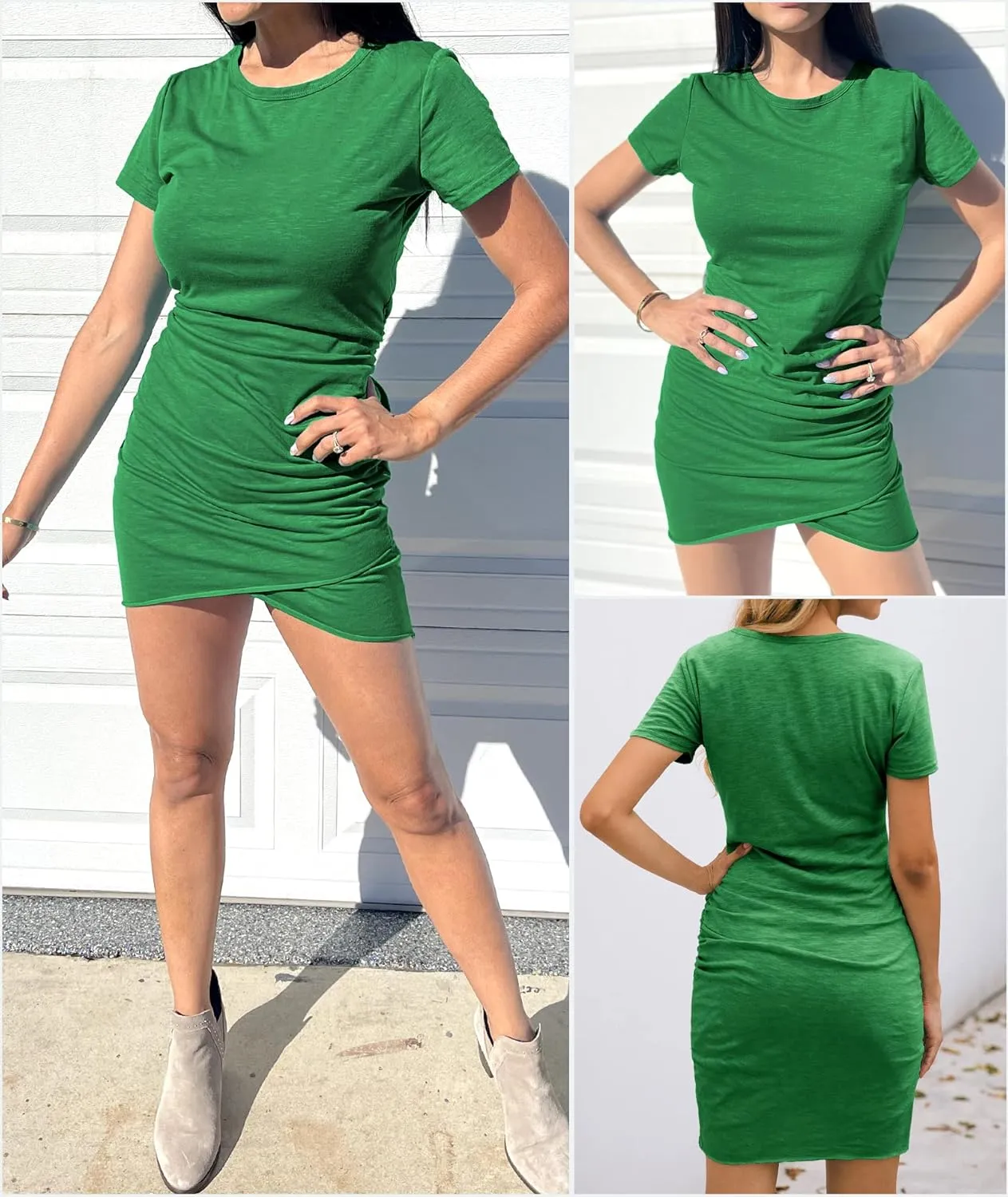 BTFBM Women's 2025 Summer Casual Beach Dresses Crew Neck Short Sleeve Wrap Party Club Mini Ruched Bodycon T Shirt Dress