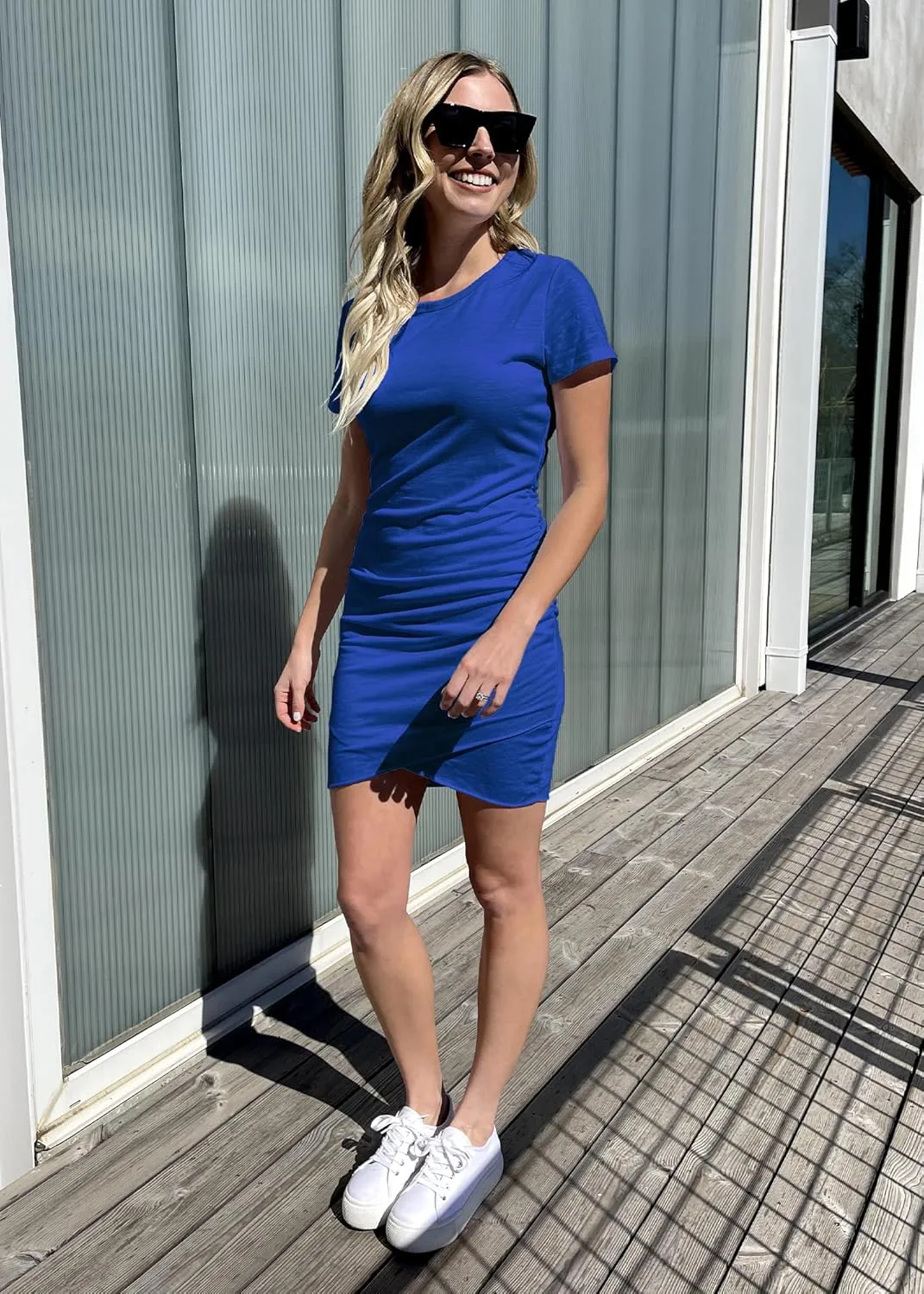 BTFBM Women's 2025 Summer Casual Beach Dresses Crew Neck Short Sleeve Wrap Party Club Mini Ruched Bodycon T Shirt Dress
