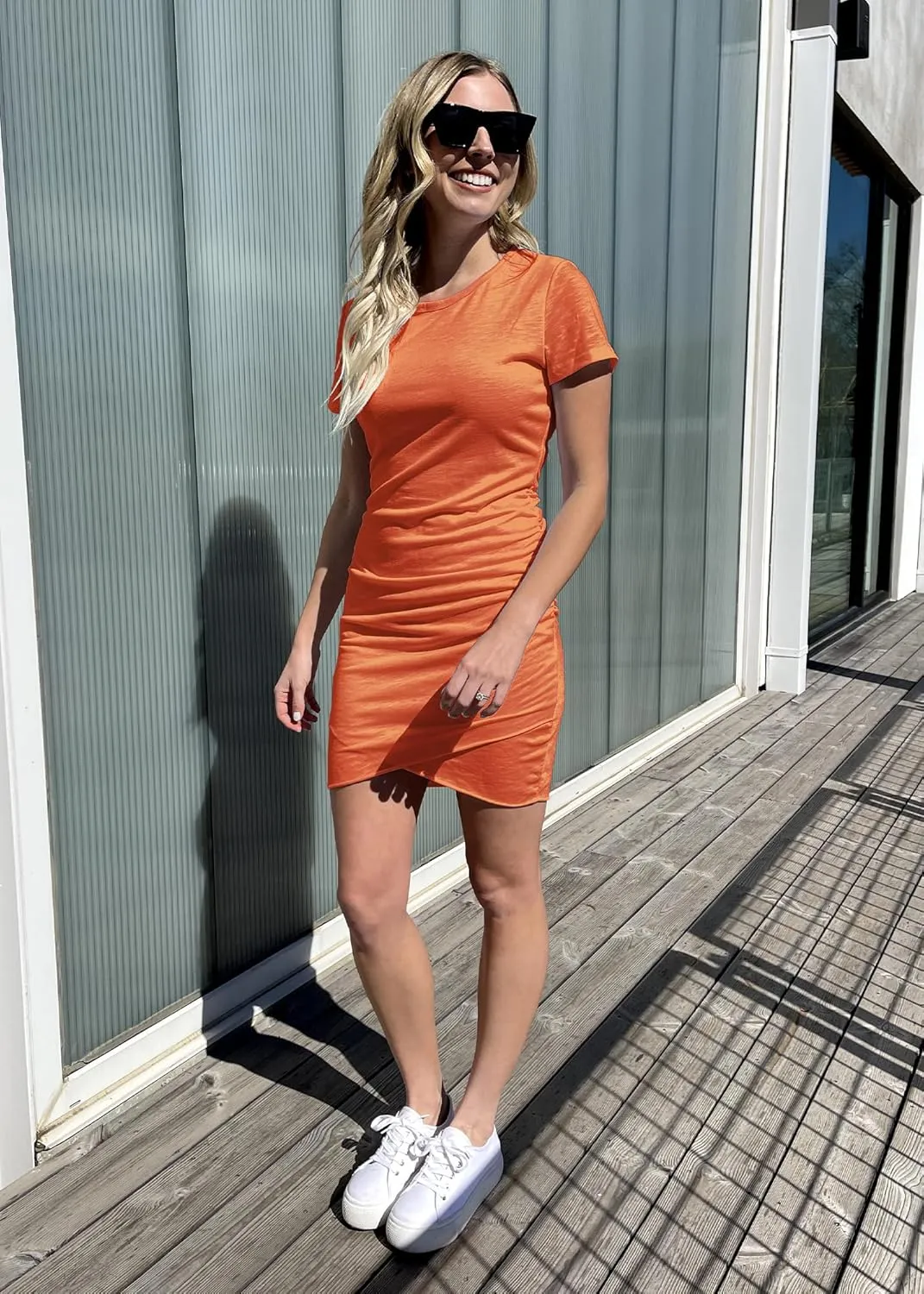 BTFBM Women's 2025 Summer Casual Beach Dresses Crew Neck Short Sleeve Wrap Party Club Mini Ruched Bodycon T Shirt Dress