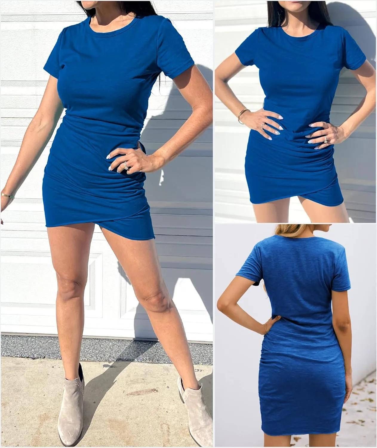 BTFBM Women's 2025 Summer Casual Beach Dresses Crew Neck Short Sleeve Wrap Party Club Mini Ruched Bodycon T Shirt Dress