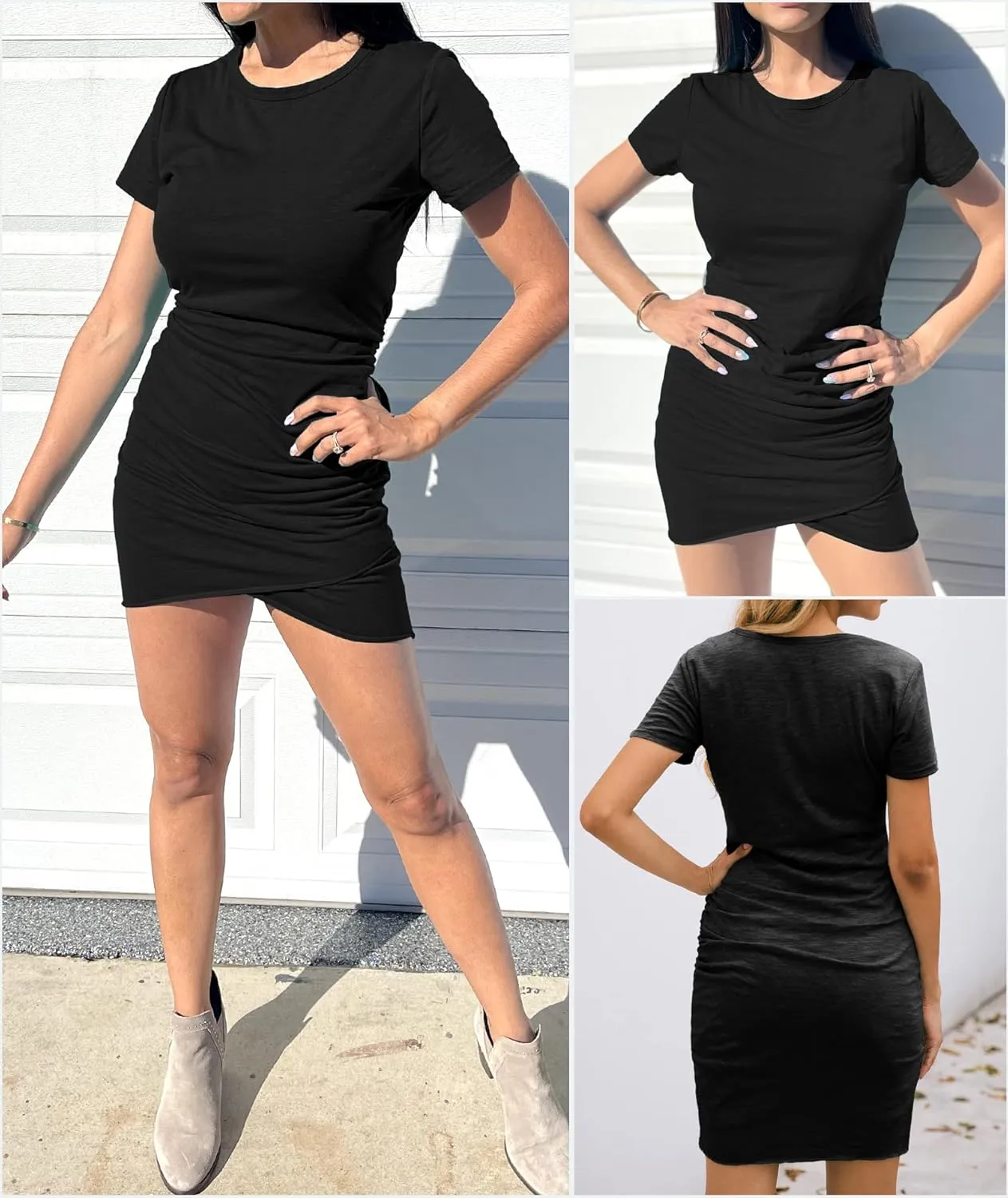 BTFBM Women's 2025 Summer Casual Beach Dresses Crew Neck Short Sleeve Wrap Party Club Mini Ruched Bodycon T Shirt Dress