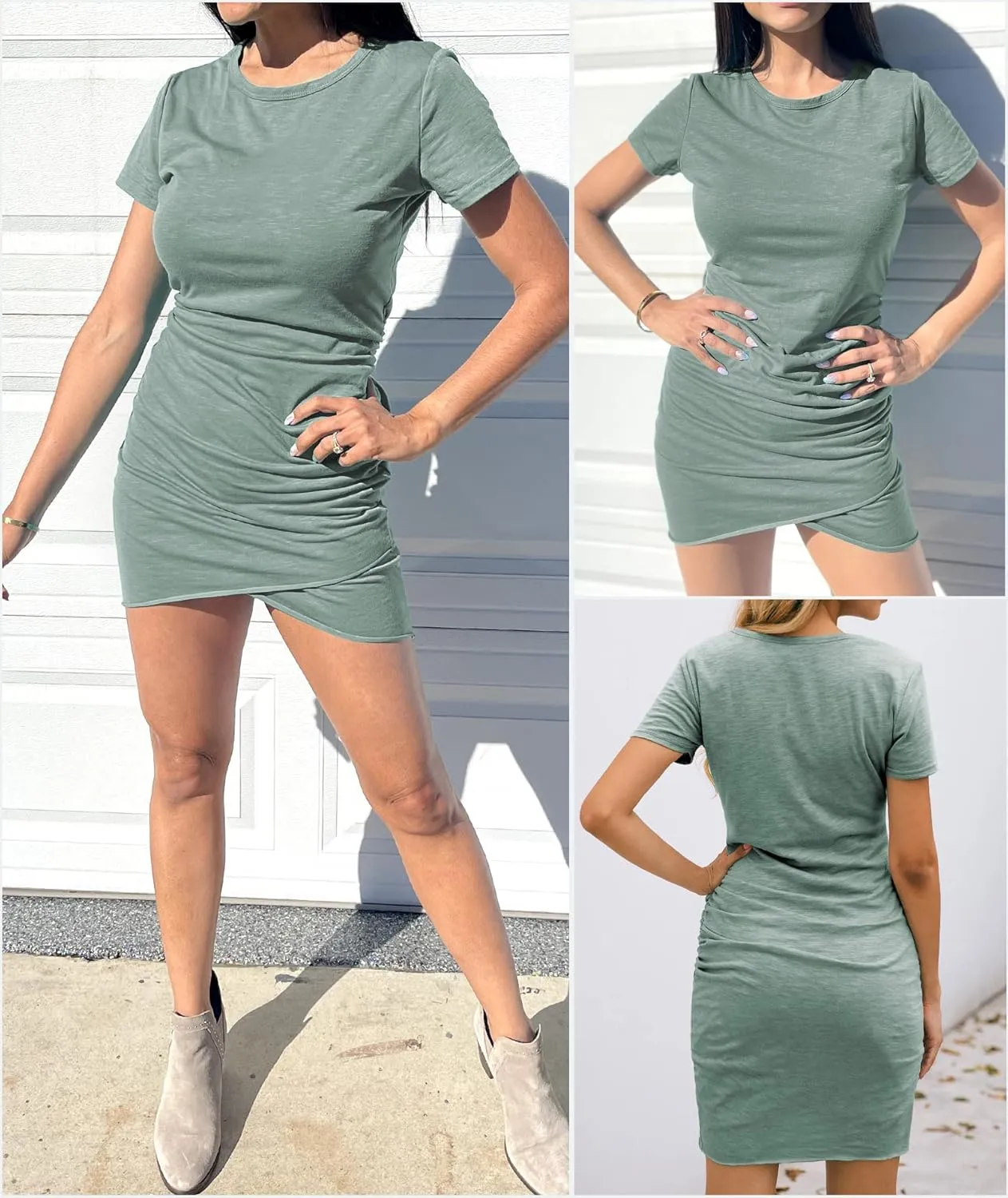BTFBM Women's 2025 Summer Casual Beach Dresses Crew Neck Short Sleeve Wrap Party Club Mini Ruched Bodycon T Shirt Dress