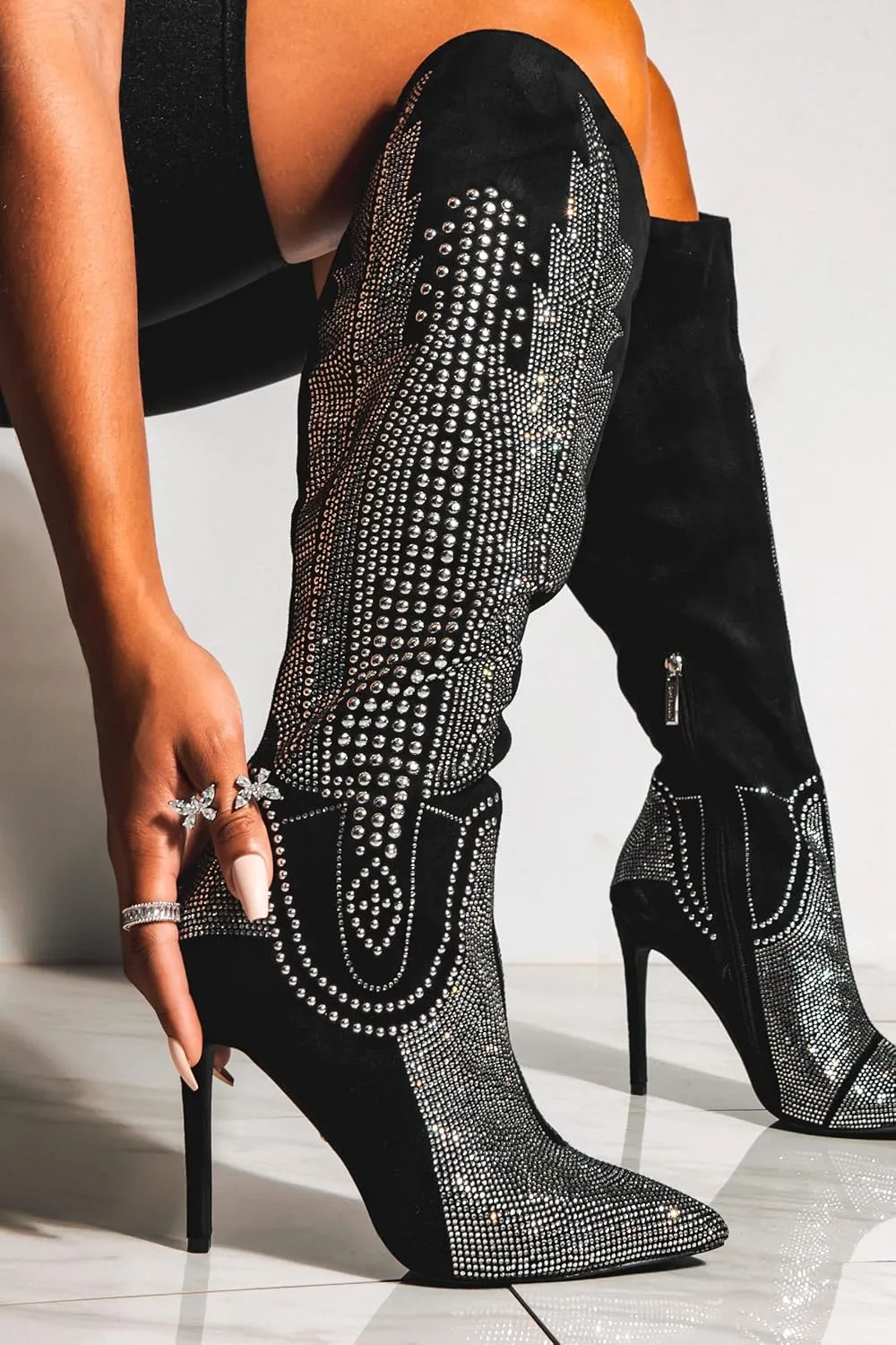 Cape Robbin Women's Knee-High Western Cowboy Boots - Wide Calf Rhinestone Stiletto Heel Dress Boots (Olkley)