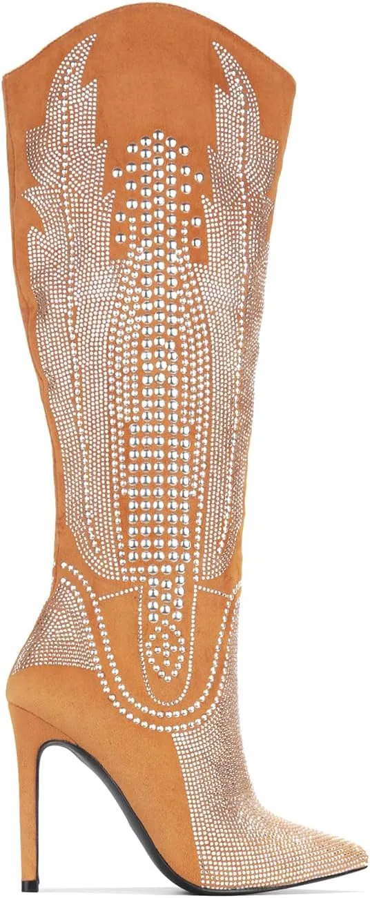 Cape Robbin Women's Knee-High Western Cowboy Boots - Wide Calf Rhinestone Stiletto Heel Dress Boots (Olkley)