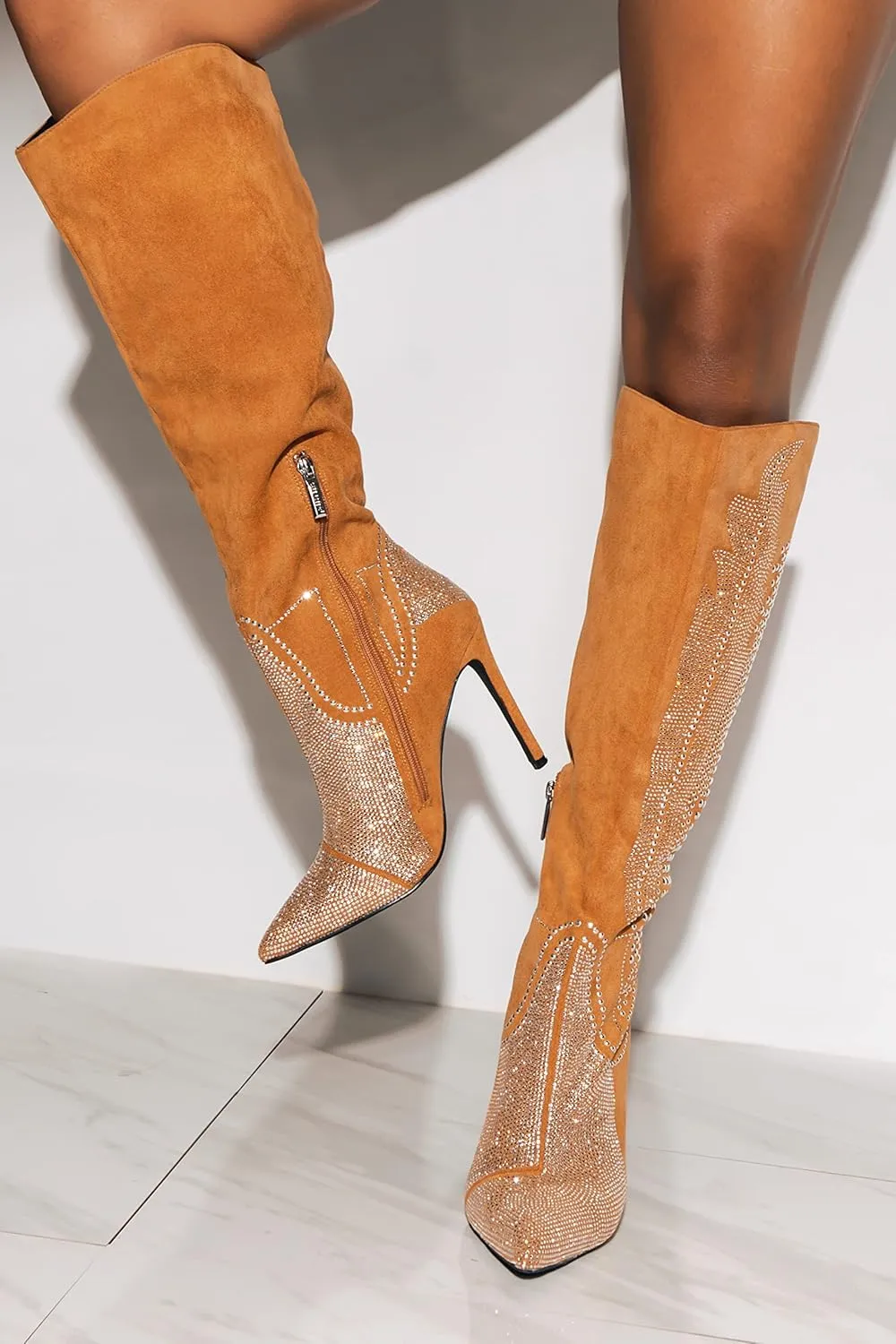 Cape Robbin Women's Knee-High Western Cowboy Boots - Wide Calf Rhinestone Stiletto Heel Dress Boots (Olkley)