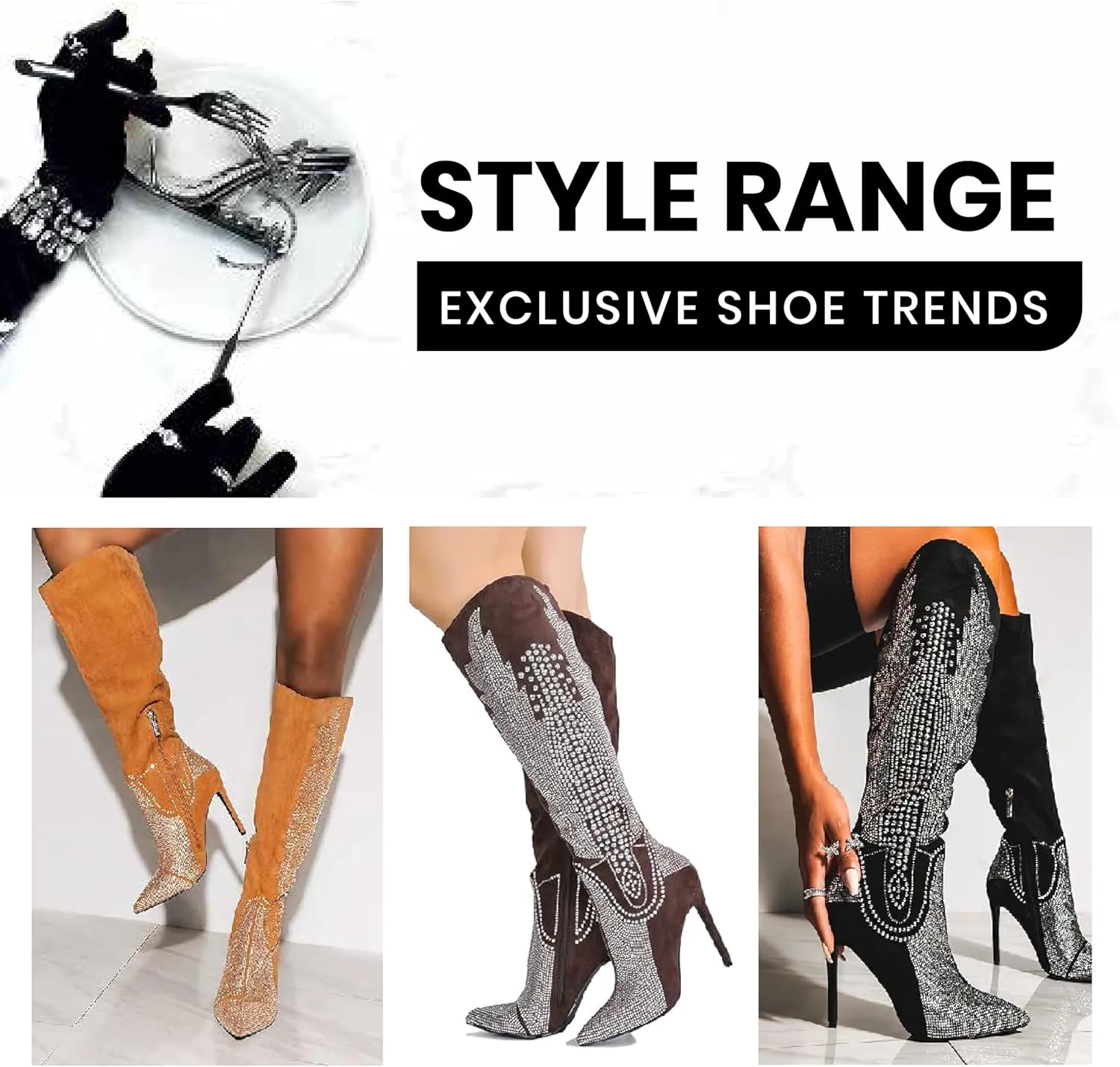 Cape Robbin Women's Knee-High Western Cowboy Boots - Wide Calf Rhinestone Stiletto Heel Dress Boots (Olkley)