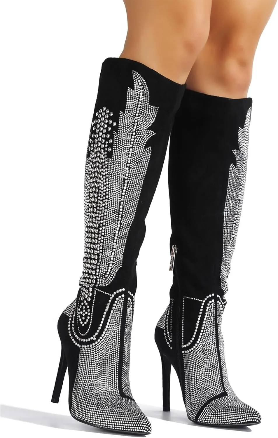 Cape Robbin Women's Knee-High Western Cowboy Boots - Wide Calf Rhinestone Stiletto Heel Dress Boots (Olkley)
