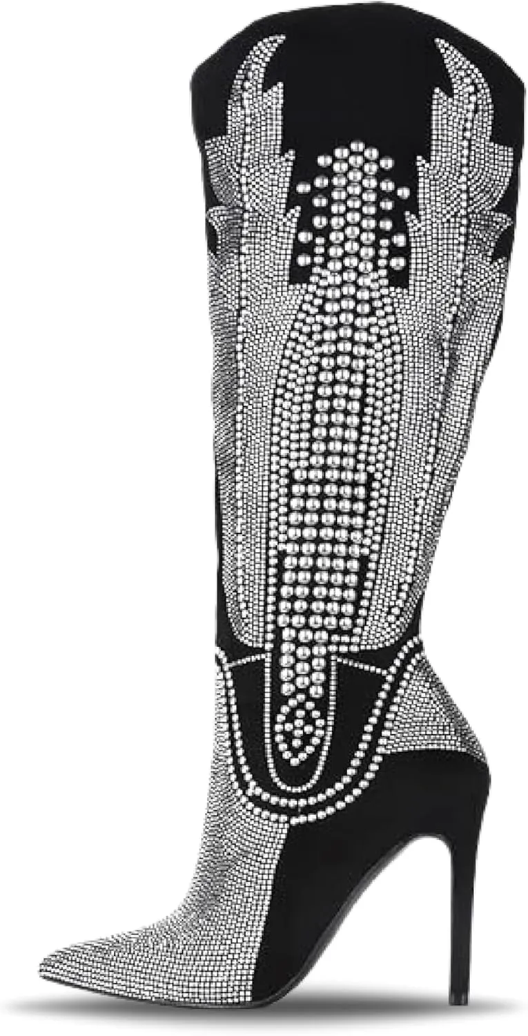Cape Robbin Women's Knee-High Western Cowboy Boots - Wide Calf Rhinestone Stiletto Heel Dress Boots (Olkley)