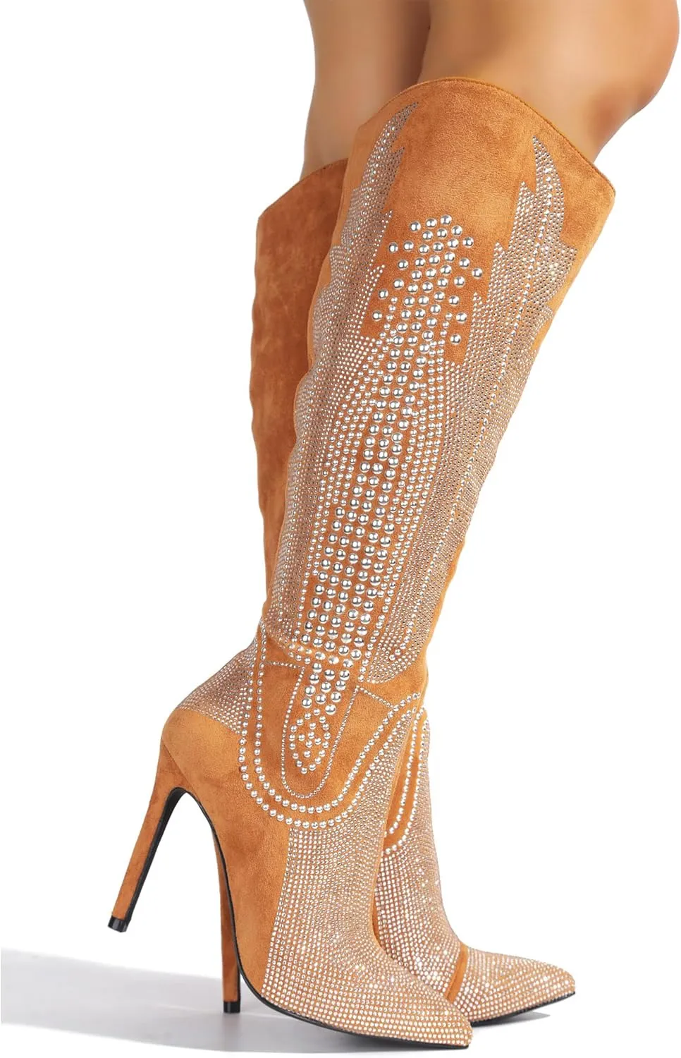 Cape Robbin Women's Knee-High Western Cowboy Boots - Wide Calf Rhinestone Stiletto Heel Dress Boots (Olkley)