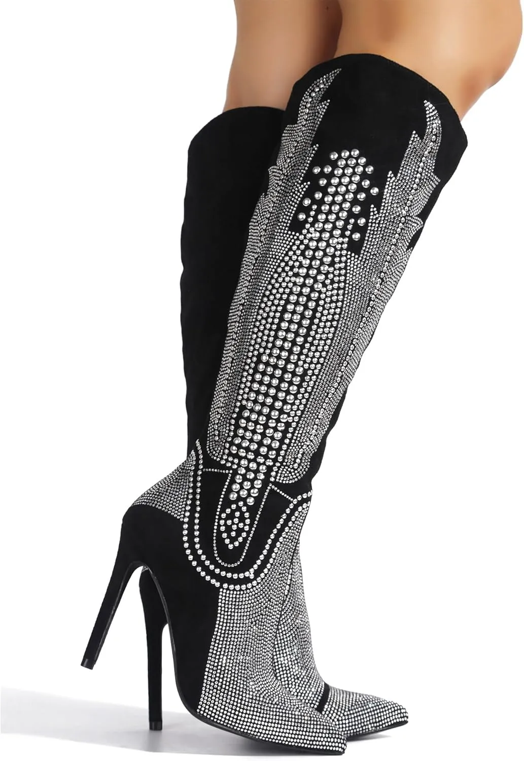 Cape Robbin Women's Knee-High Western Cowboy Boots - Wide Calf Rhinestone Stiletto Heel Dress Boots (Olkley)