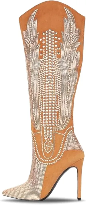 Cape Robbin Women's Knee-High Western Cowboy Boots - Wide Calf Rhinestone Stiletto Heel Dress Boots (Olkley)