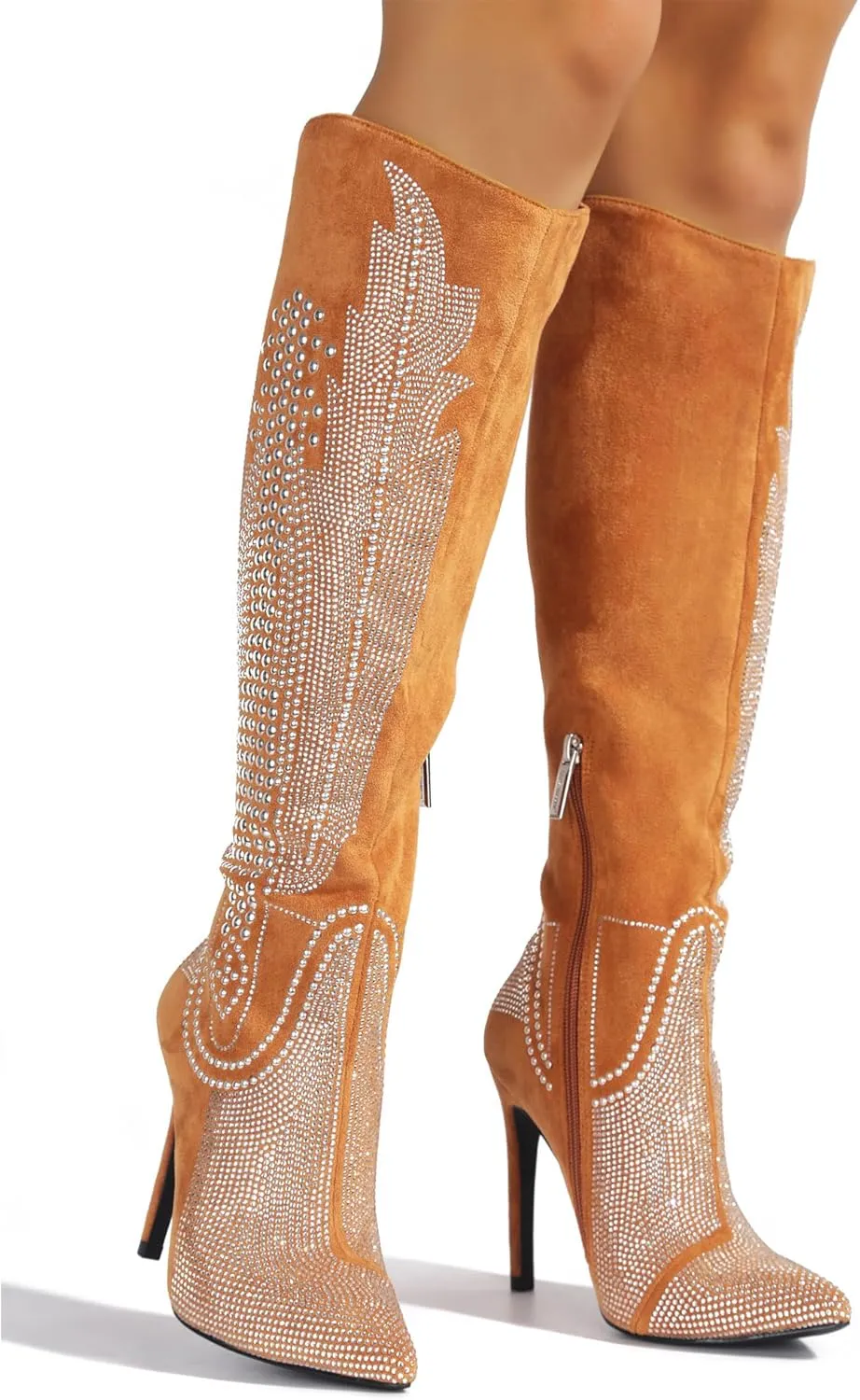 Cape Robbin Women's Knee-High Western Cowboy Boots - Wide Calf Rhinestone Stiletto Heel Dress Boots (Olkley)