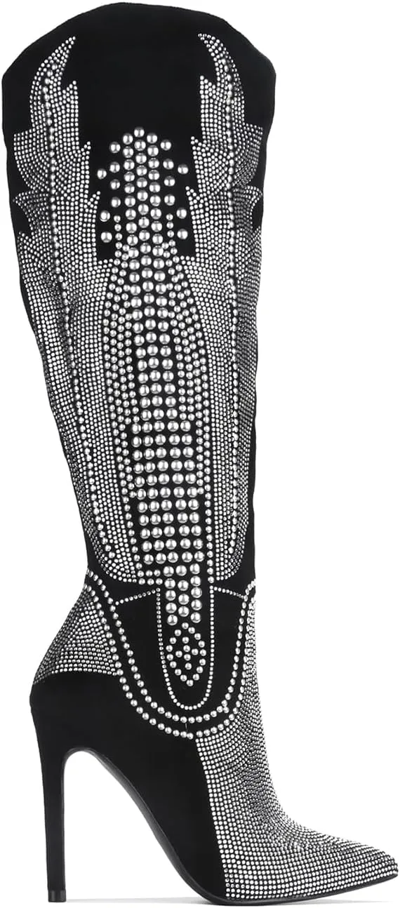 Cape Robbin Women's Knee-High Western Cowboy Boots - Wide Calf Rhinestone Stiletto Heel Dress Boots (Olkley)