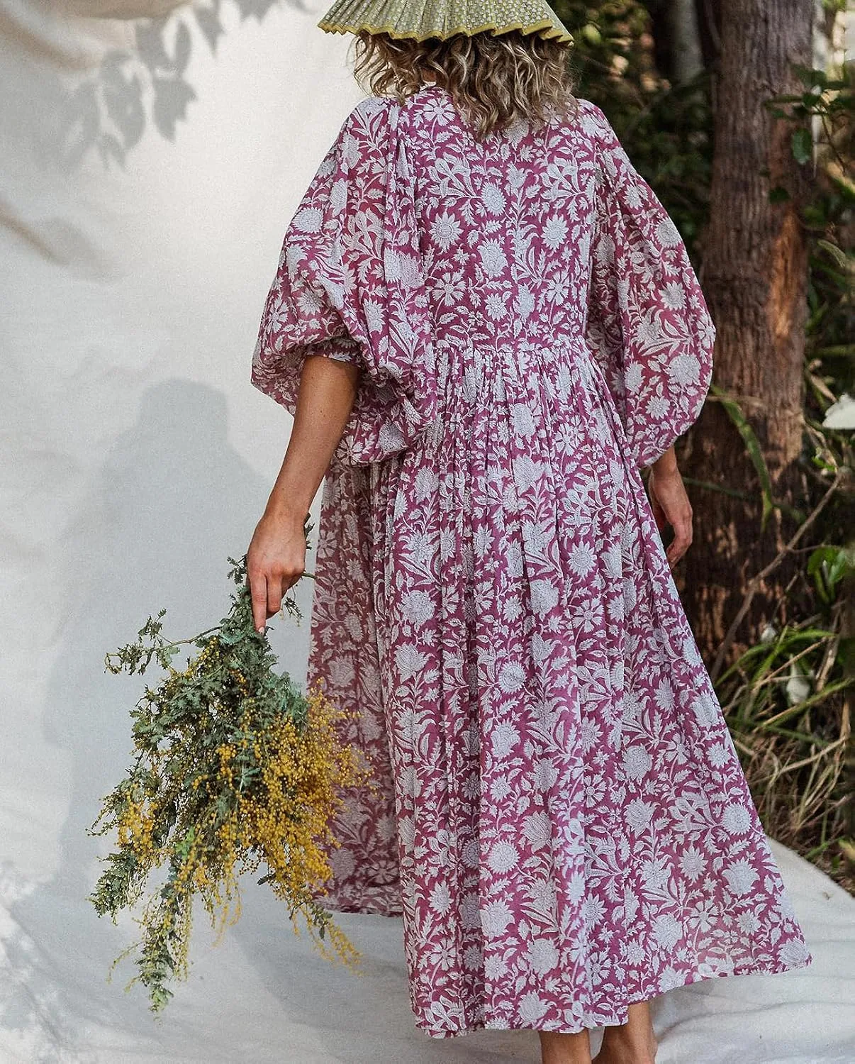 Casual Summer Dresses for Women Swing Floral Half Open Collar Boho Puff Sleeve Loose Midi Beach Dress