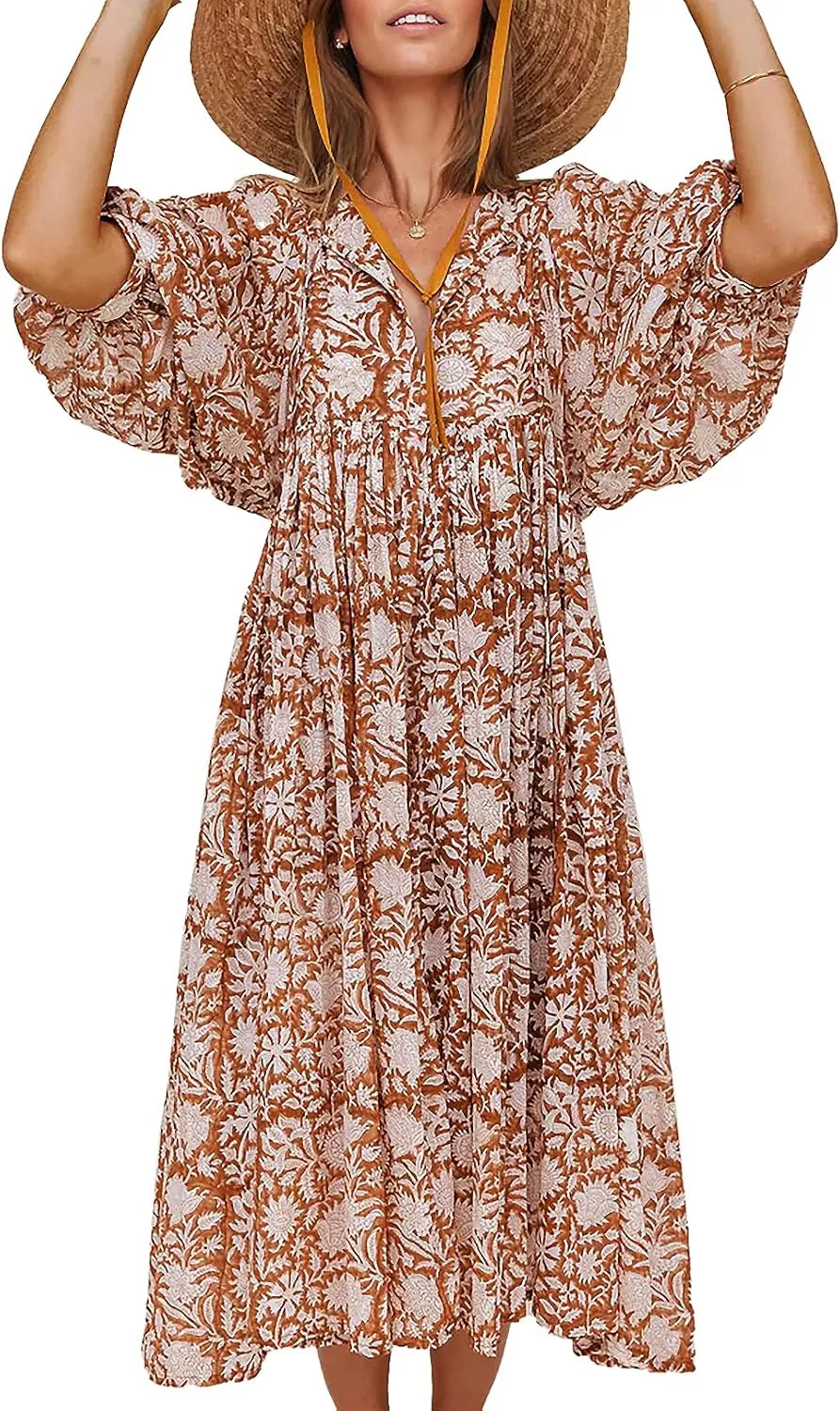 Casual Summer Dresses for Women Swing Floral Half Open Collar Boho Puff Sleeve Loose Midi Beach Dress