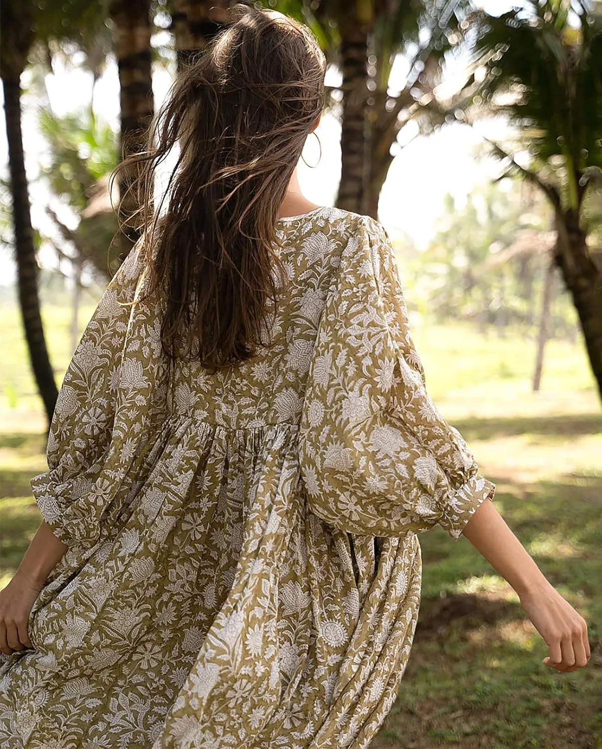Casual Summer Dresses for Women Swing Floral Half Open Collar Boho Puff Sleeve Loose Midi Beach Dress