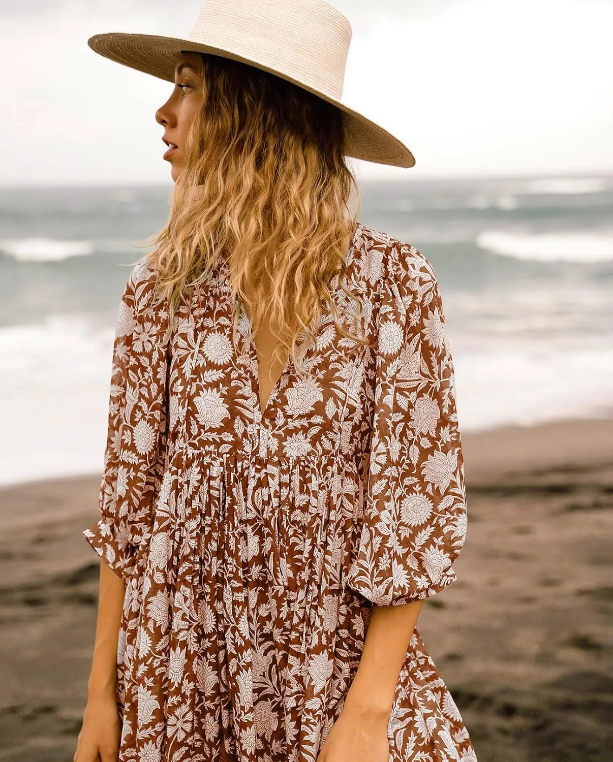 Casual Summer Dresses for Women Swing Floral Half Open Collar Boho Puff Sleeve Loose Midi Beach Dress