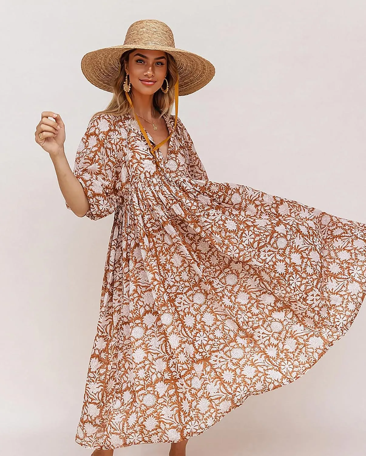Casual Summer Dresses for Women Swing Floral Half Open Collar Boho Puff Sleeve Loose Midi Beach Dress