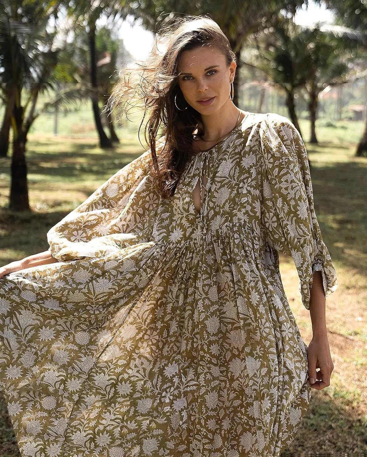 Casual Summer Dresses for Women Swing Floral Half Open Collar Boho Puff Sleeve Loose Midi Beach Dress