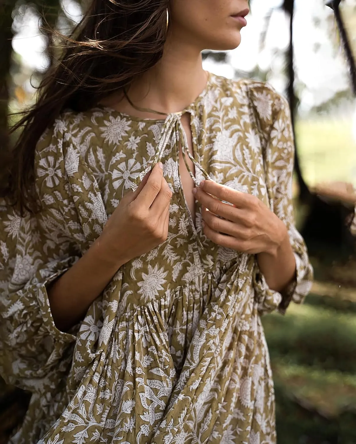 Casual Summer Dresses for Women Swing Floral Half Open Collar Boho Puff Sleeve Loose Midi Beach Dress