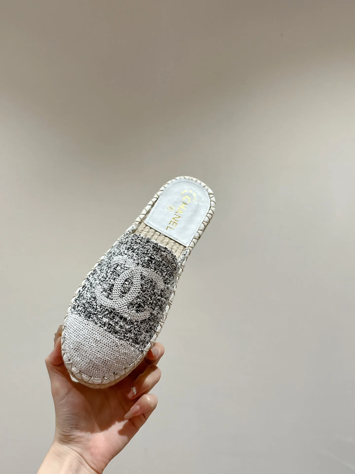 cc espadrilles mule grey fabric white sequin