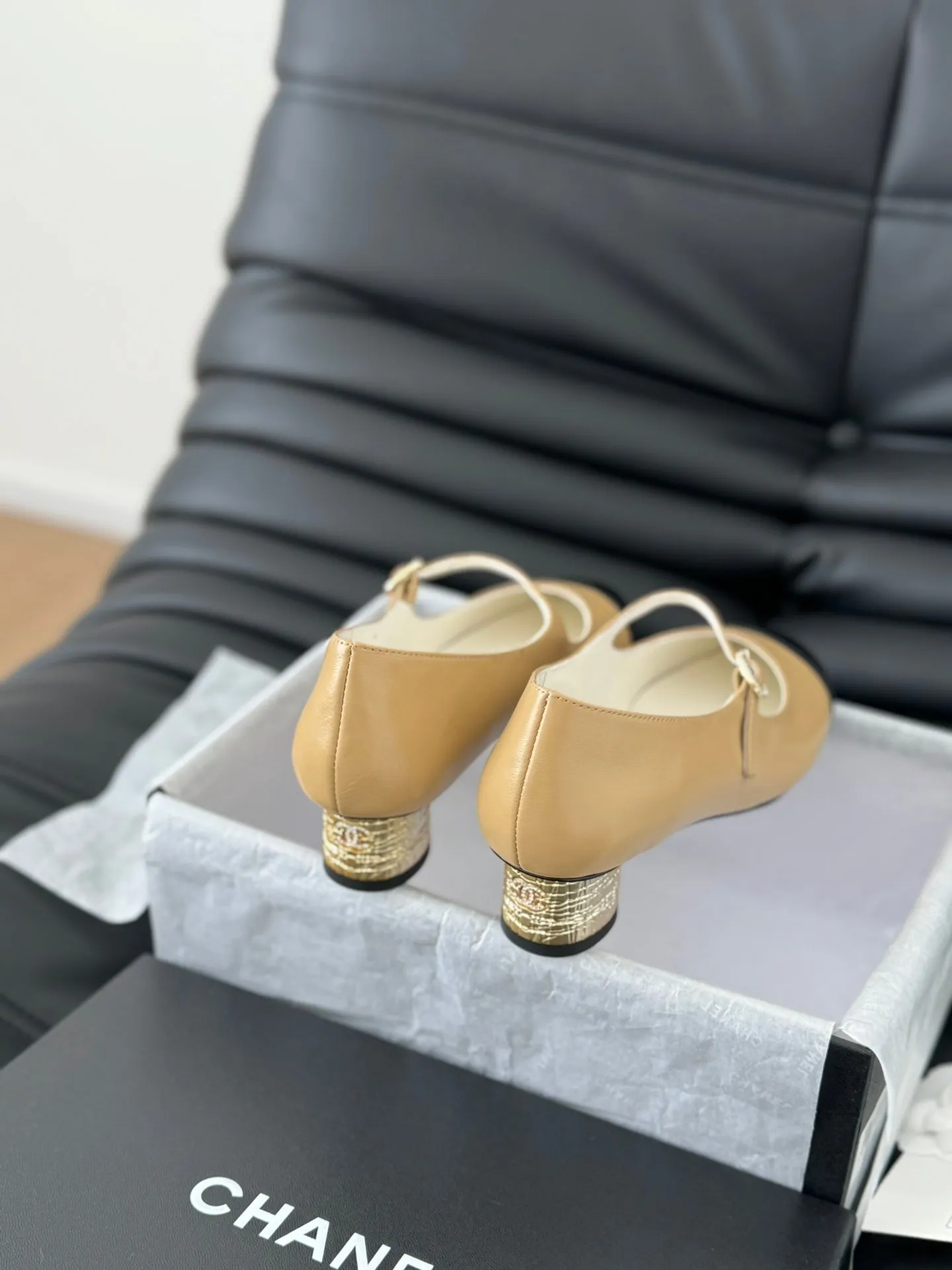 CC MARY JANE SHOES IN SEPIA BEIGE MIX BLACK LAMBSKIN WITH GOLD HARDWARE