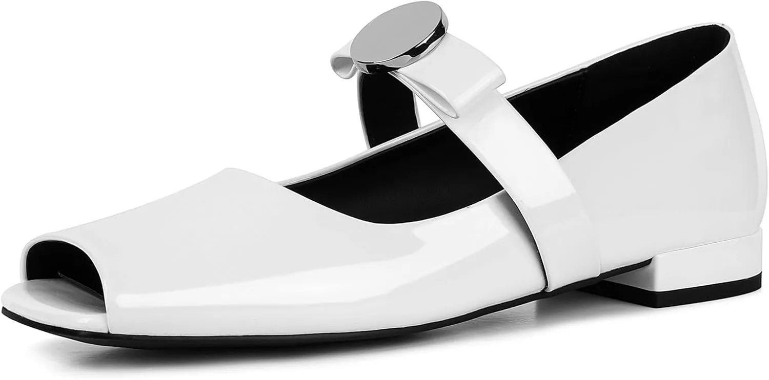Celbreez Ballet Flats Shoes for Women Open Square Toe Mary Jane Flat Patent Leather Chunky Round Block Heel Pumps Slip On Ballerina Shoes