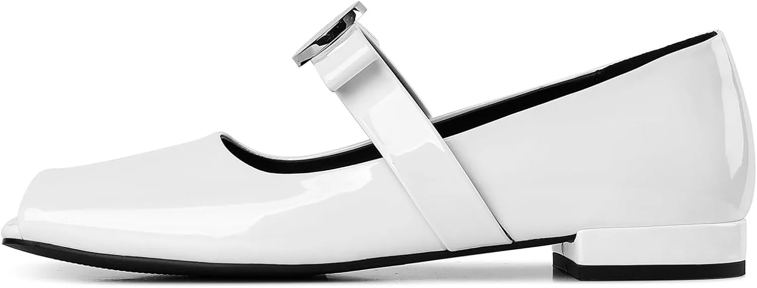 Celbreez Ballet Flats Shoes for Women Open Square Toe Mary Jane Flat Patent Leather Chunky Round Block Heel Pumps Slip On Ballerina Shoes
