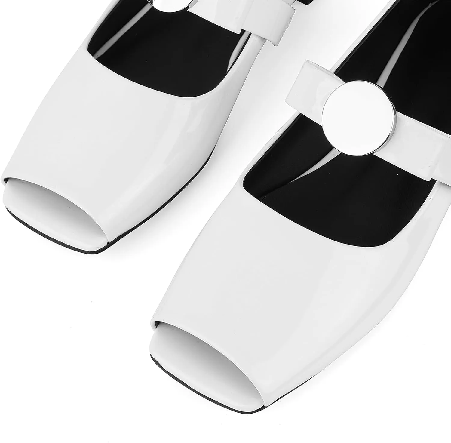Celbreez Ballet Flats Shoes for Women Open Square Toe Mary Jane Flat Patent Leather Chunky Round Block Heel Pumps Slip On Ballerina Shoes