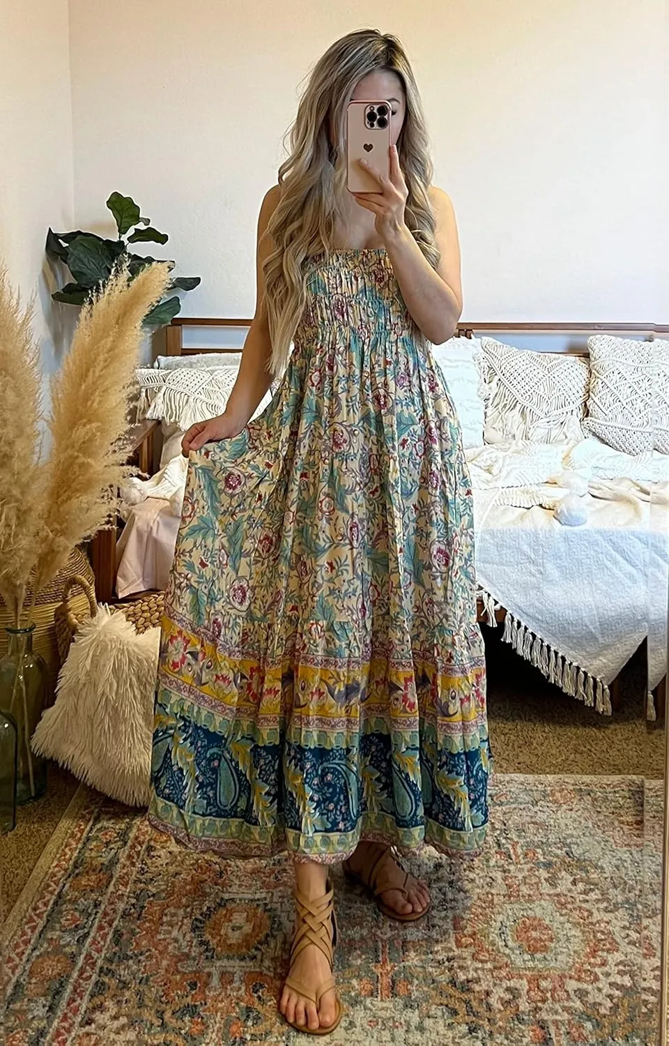 CFLONGE Women's 2025 Bohemian Long Skirts Flowy High Waist A Line Maxi Skirts for Women Summer Pleated Mini Skirts