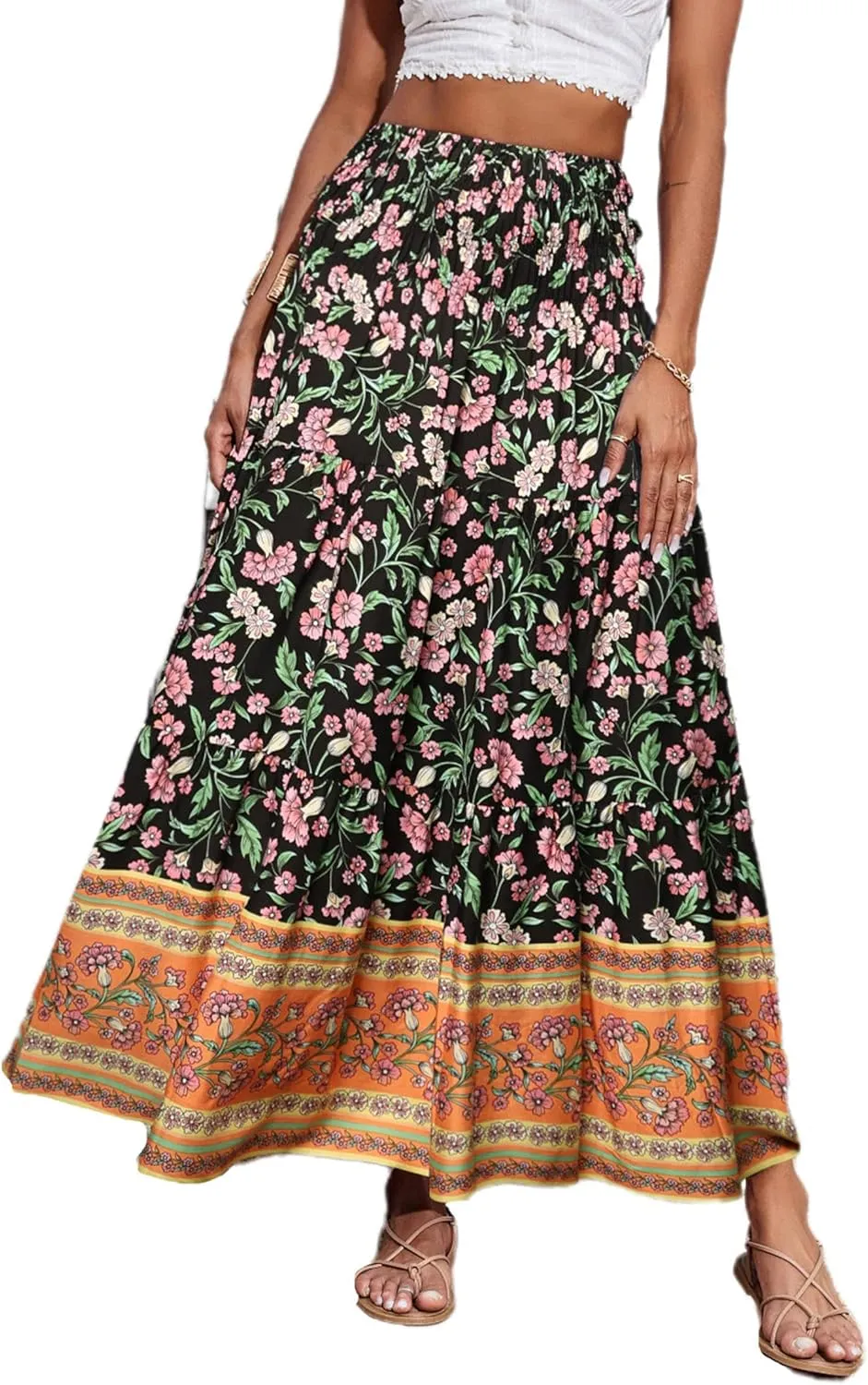 CFLONGE Women's 2025 Bohemian Long Skirts Flowy High Waist A Line Maxi Skirts for Women Summer Pleated Mini Skirts
